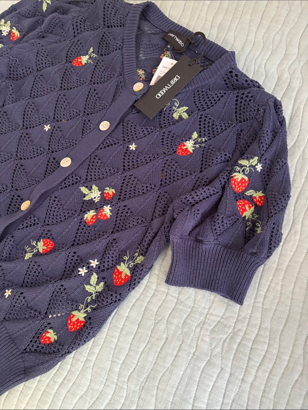Driftwood All Cotton Knit Cardigan with Embroidered Red Strawberries Medium NWT - Picture 4 of 6